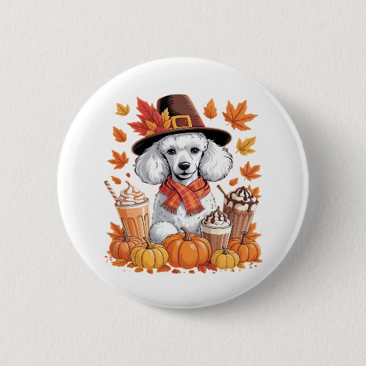 Badge Rond 5 Cm Poodle Thanksgiving Boissons Café Automne Feuilles (Devant)