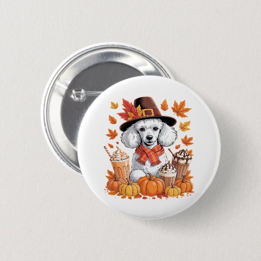 Badge Rond 5 Cm Poodle Thanksgiving Boissons Café Automne Feuilles (Devant & derrière)