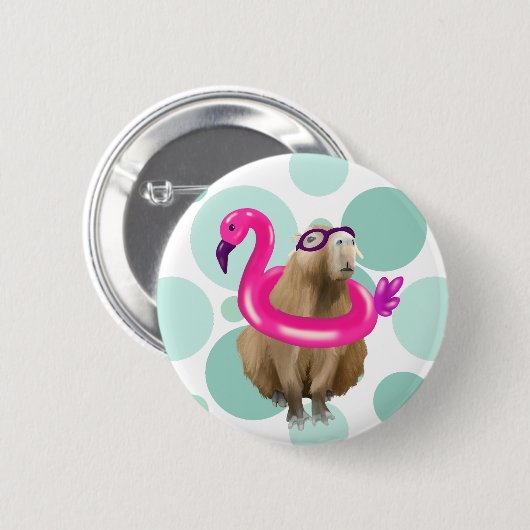 Badge Rond 5 Cm Pool Party Cute Capybara Avec Flotte Flamant rose (Devant & derrière)