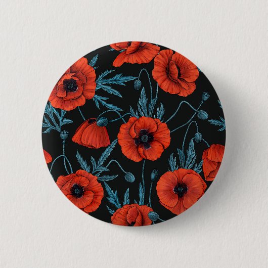 Badge Rond 5 Cm Poppies, rouge et bleu sur noir (Devant)