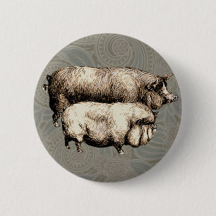 Badge Rond 5 Cm Porc de Ferme Vintage Antiquités de Bétail de Camp