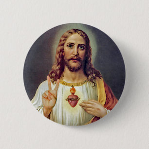 Badge Rond 5 Cm Portrait de Jésus signe de paix du Cœur Sacré