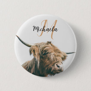 Badge Rond 5 Cm Portrait de vache Highland nom personnalisé monogr