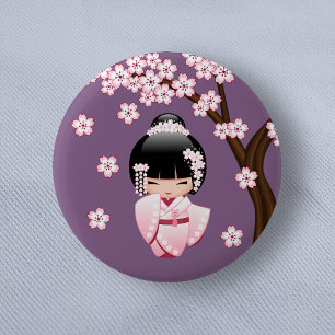 Badge Rond 5 Cm Poupée blanche Kimono Kokeshi - mignonne Geisha Gi