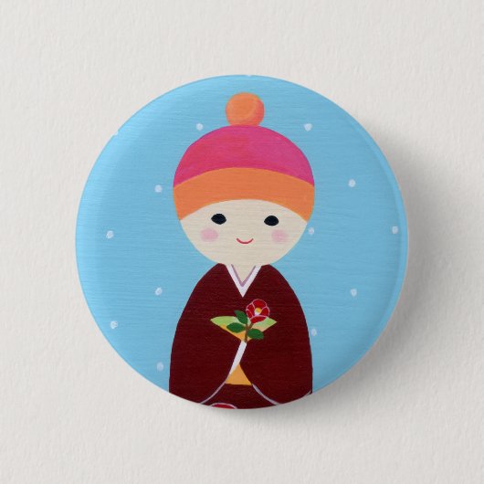 Badge Rond 5 Cm Poupée de Kokeshi avec le camélia (Devant)
