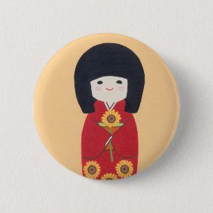 Badge Rond 5 Cm Poupée de Kokeshi avec le tournesol