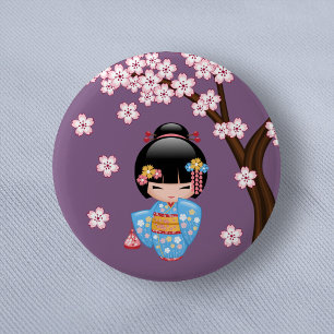 Badge Rond 5 Cm Poupée de Maiko Kokeshi - fille de geisha bleue de