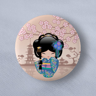 Badge Rond 5 Cm Poupée Keiko Kokeshi - Blue Kimono Geisha Girl