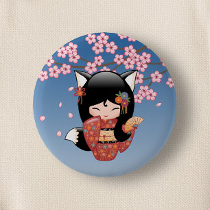 Badge Rond 5 Cm Poupée Kitsune Kokeshi - Black Fox Geisha Girl