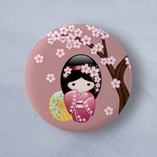 Badge Rond 5 Cm Poupée Kokeshi Printemps - Cute Geisha Japonais en