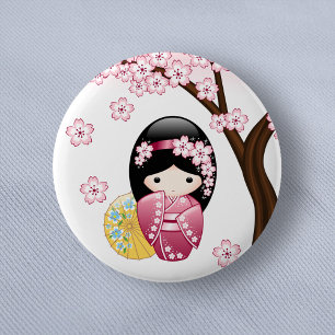 Badge Rond 5 Cm Poupée Kokeshi Printemps - Cute Japonaise Geisha G