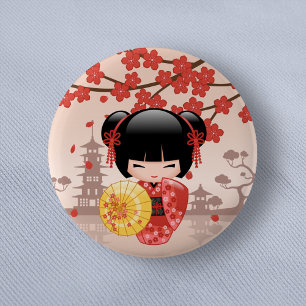 Badge Rond 5 Cm Poupée rouge Sakura Kokeshi - Geisha japonais