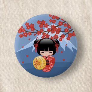Badge Rond 5 Cm Poupée rouge Sakura Kokeshi - mignonne Geisha Girl