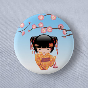 Badge Rond 5 Cm Poupée Ume Kokeshi - Japonaise Geisha Girl Blue