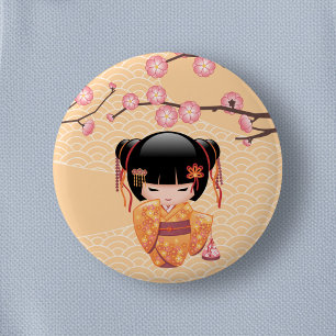 Badge Rond 5 Cm Poupée Ume Kokeshi - Japonaise Pêche Geisha Girl