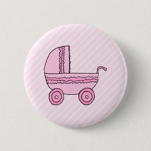 Badge Rond 5 Cm Poussette de bébé. Rose sur les rayures rose-cla