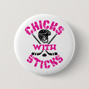 Badge Rond 5 Cm Poussins avec bâtons Hockey Femmes Filles
