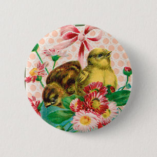 Badge Rond 5 Cm Poussins vintages avec Oeufs de Pâques Salutation