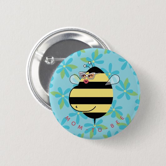 Badge Rond 5 Cm Pregnant Mom-to-Bee with Glasses Teal Blue Floral (Devant & derrière)