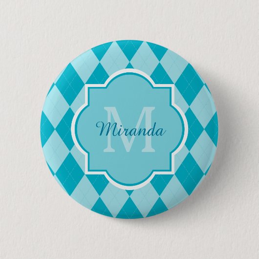 Badge Rond 5 Cm Preppy Turquoise Jacquard Girly Monogramme et nom (Devant)