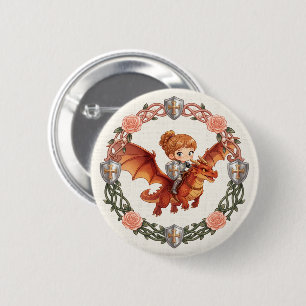 Badge Rond 5 Cm Princesse Chevalier de Fantaisie et Dragon - Art E
