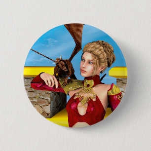 Badge Rond 5 Cm Princesse Dragon Fantastique Art Numérique