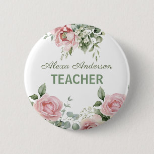 Badge Rond 5 Cm Professeur aux fleurs roses