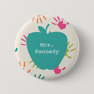 Badge Rond 5 Cm Professeur coloré d'Apple Handprints de turquoise