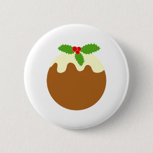 Badge Rond 5 Cm Pudding de Noël traditionnel. En blanc.