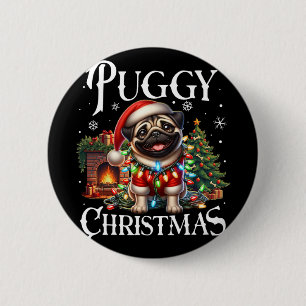 Badge Rond 5 Cm Puggy Noël Pug Xmas Pug Père Noël Pug