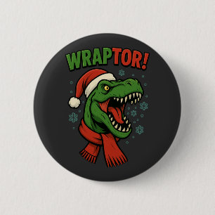 Badge Rond 5 Cm Pun de Noël Wraptor T-Rex Dinosaure Drôle