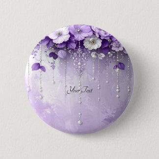Badge Rond 5 Cm Purple Flowers with Dangling Pearls Button
