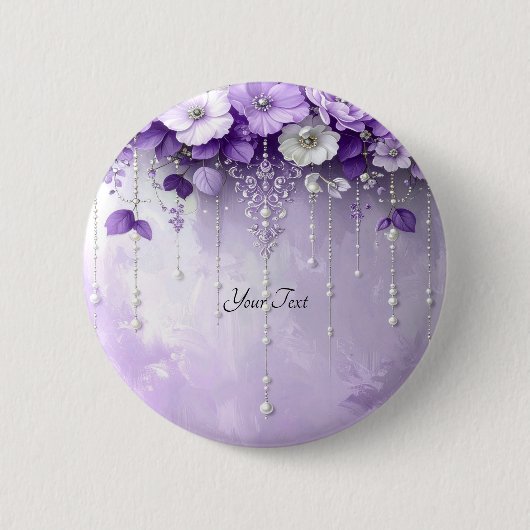 Badge Rond 5 Cm Purple Flowers with Dangling Pearls Button (Devant)