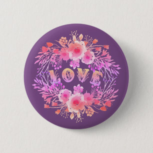 Badge Rond 5 Cm Purple LOVE dans l'aquarelle Fleurs