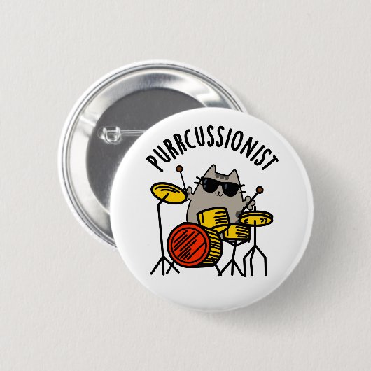Badge Rond 5 Cm Purr-cussionniste Funny Drummer Cat Pun (Devant & derrière)