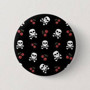 Badge Rond 5 Cm RAB Rockabilly Skuls et Cerises sur Noir