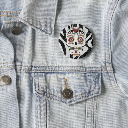 Badge Rond 5 Cm RAB Rockabilly Sugar Skull on Zebra (En situation)