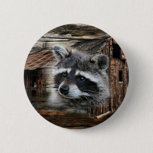 Badge Rond 5 Cm Raccoon À L'Ancienne Grange