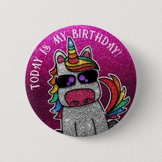Badge Rond 5 Cm Rainbow Unicorn Parties scintillant rose Aujourd'H (Devant)