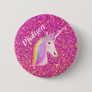 Badge Rond 5 Cm Rainbow Unicorn Parties scintillant rose Fille d'a
