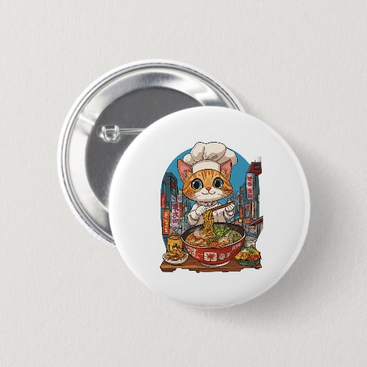 Badge Rond 5 Cm Ramen Neko - Drôle Chef Chat Anime Nourriture (Devant & derrière)