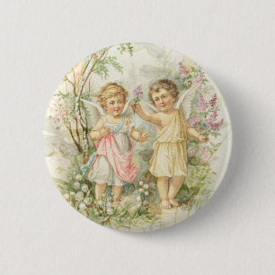 Badge Rond 5 Cm Rassemblement - deux anges recueillant des fleurs