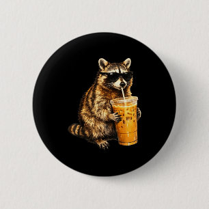 Badge Rond 5 Cm Raton laveur drôle buvant du café glacé mème anima