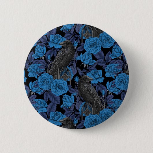 Badge Rond 5 Cm Ravins et roses bleus (Devant)