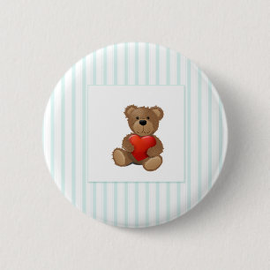 Badge Rond 5 Cm Rayures bleues - Nounours avec cœur de la Saint-Va