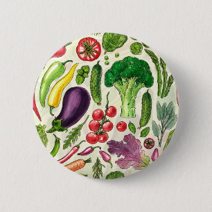 Badge Rond 5 Cm Récolte de légumes et d'herbes sur le blanc