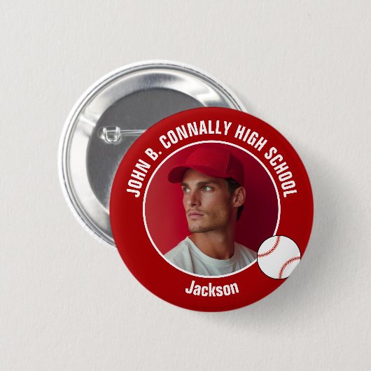 Badge Rond 5 Cm Red Baseball Player Photo High School Spirit (Devant & derrière)