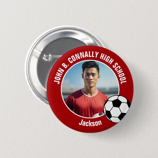 Badge Rond 5 Cm Red Soccer Player Photo High School Spirit (Devant & derrière)