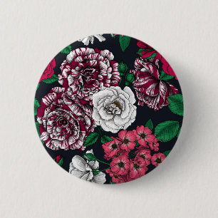 Badge Rond 5 Cm Red, white and bi-color roses with green leaves