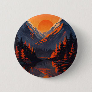 Badge Rond 5 Cm Reflet de coucher de soleil de montagne Ciel orang